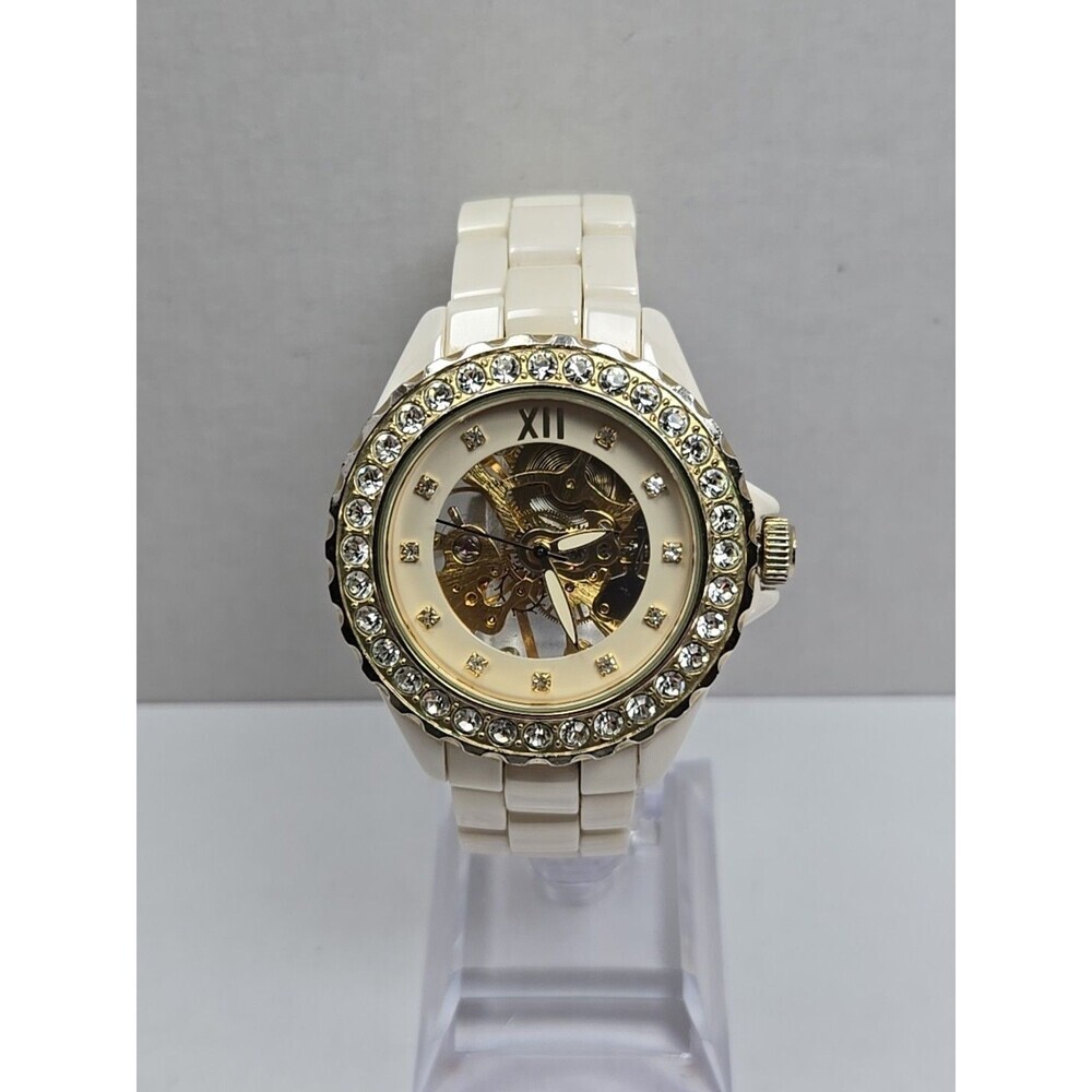 Womens Rare Adrienne Beige Ceramic Skeleton Crystal Bezel Manual Wind Watch
